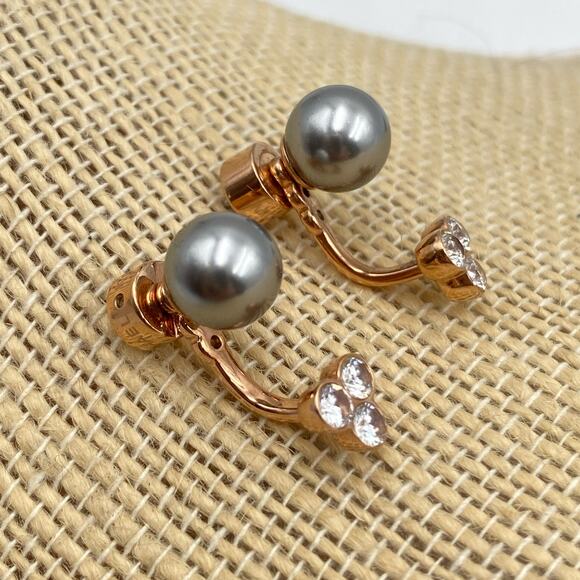 Michael Kors Rose Gold Tone Grey Faux Pearl Clear Crystal Stud Drop Earrings - Picture 2 of 6